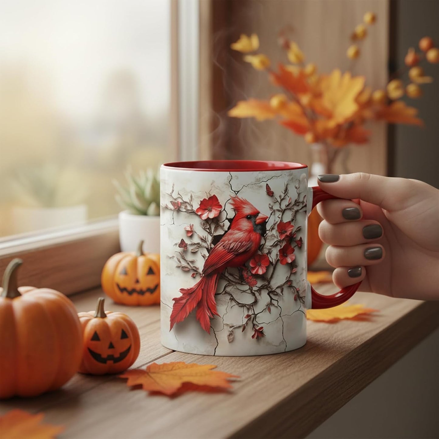 Red Cardinal and Butterfly Mug, Floral Branch Art Printed Both Sides, Accent Ceramic Cup