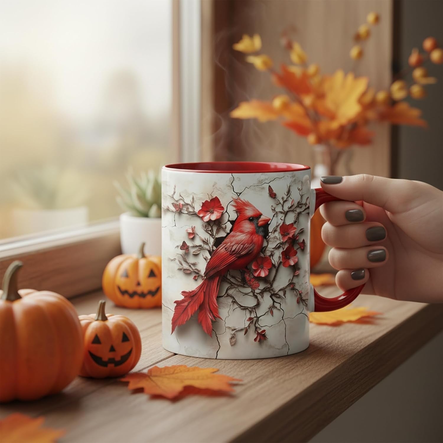 Red Cardinal and Butterfly Mug, Floral Branch Art Printed Both Sides, Accent Ceramic Cup