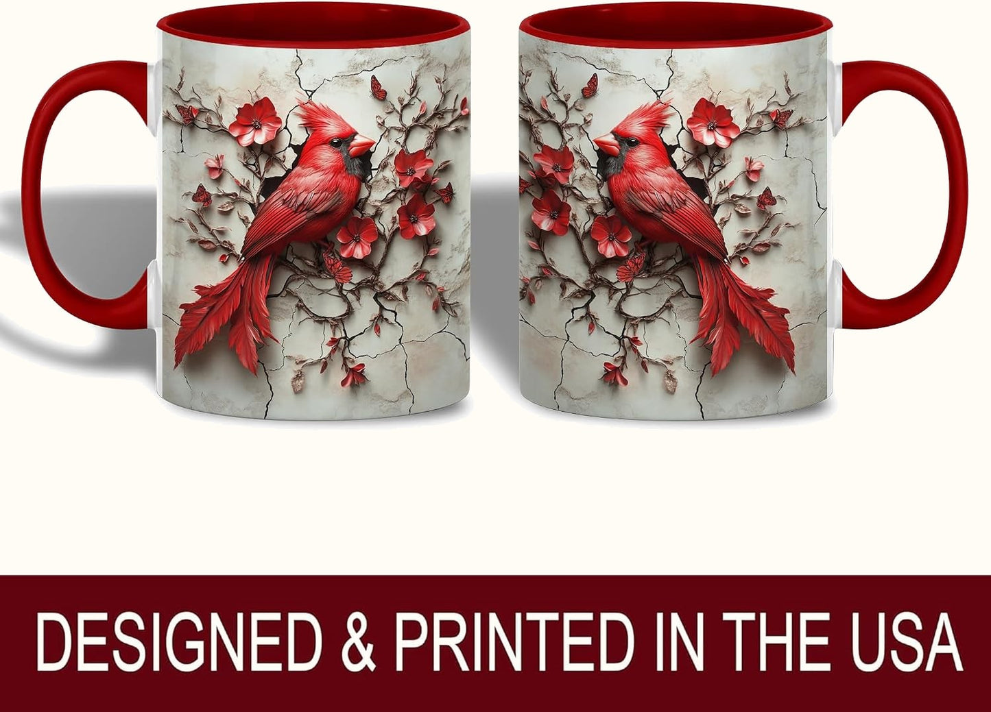 Red Cardinal and Butterfly Mug, Floral Branch Art Printed Both Sides, Accent Ceramic Cup
