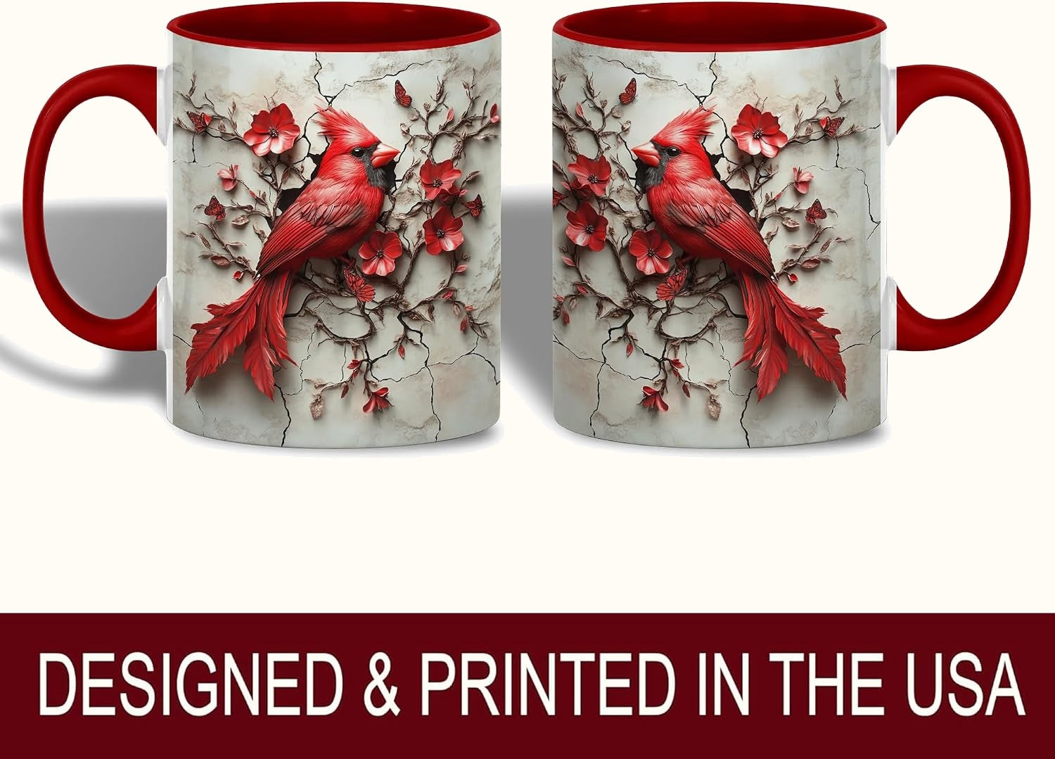 Red Cardinal and Butterfly Mug, Floral Branch Art Printed Both Sides, Accent Ceramic Cup