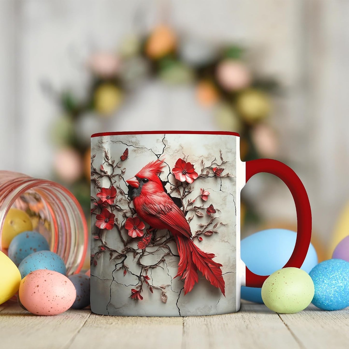 Red Cardinal and Butterfly Mug, Floral Branch Art Printed Both Sides, Accent Ceramic Cup