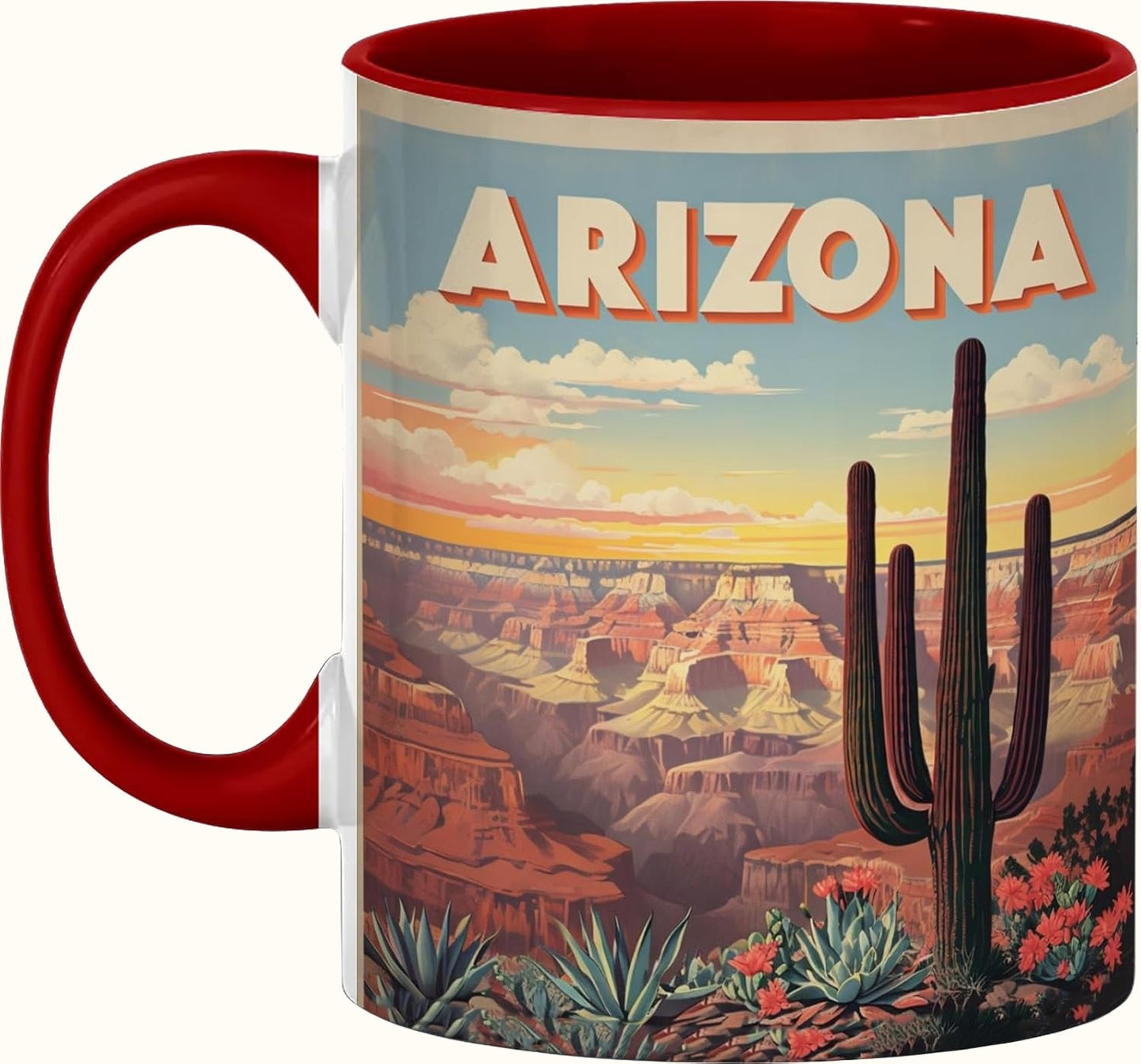 Desert Cactus Coffee Mug, Southwest Canyon Art with Red Accent Handle, Ceramic Cup