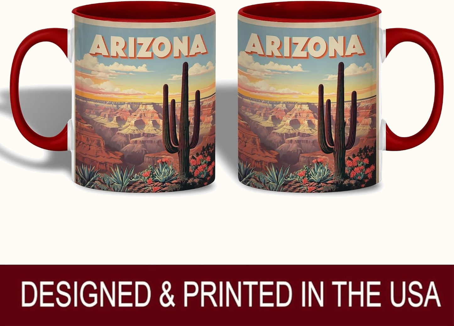 Desert Cactus Coffee Mug, Southwest Canyon Art with Red Accent Handle, Ceramic Cup