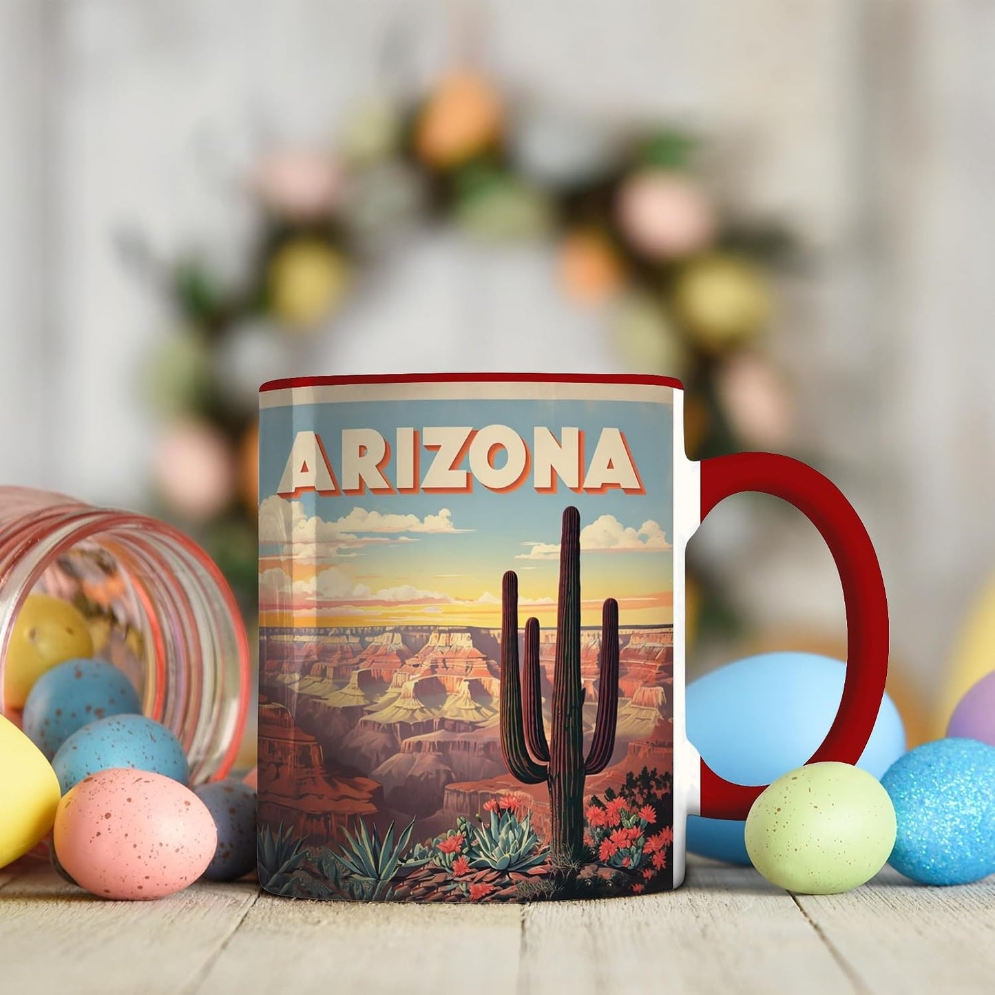 Desert Cactus Coffee Mug, Southwest Canyon Art with Red Accent Handle, Ceramic Cup