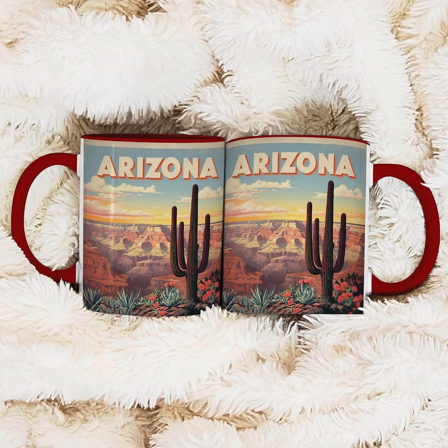 Desert Cactus Coffee Mug, Southwest Canyon Art with Red Accent Handle, Ceramic Cup