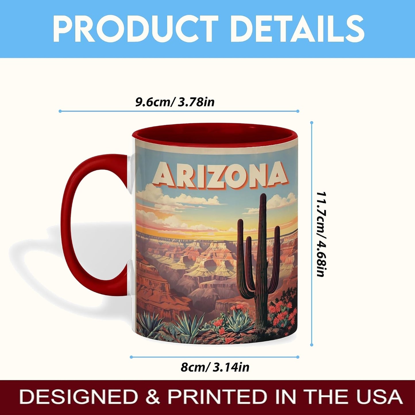 Desert Cactus Coffee Mug, Southwest Canyon Art with Red Accent Handle, Ceramic Cup