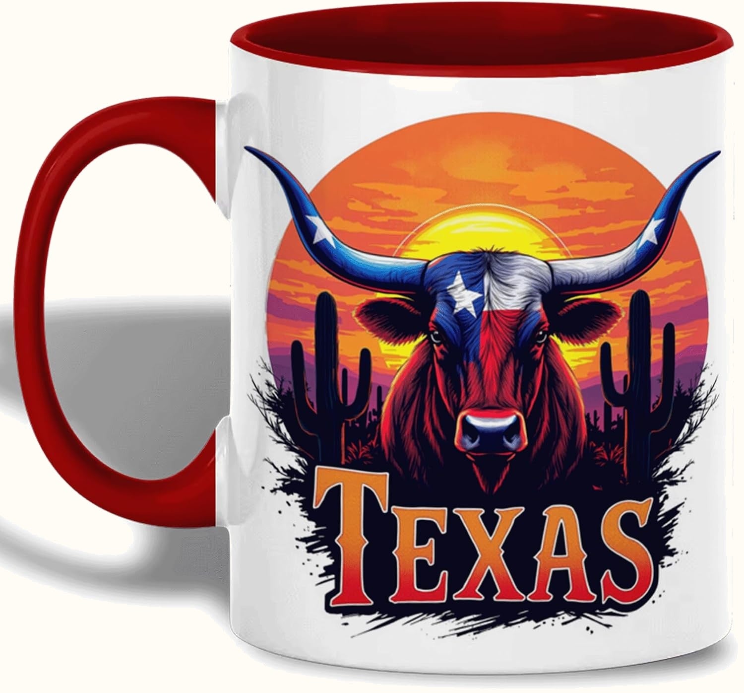 Texas Longhorn Mug, Sunset Cactus and State Flag Bull Art, Western Cowboy Ceramic Cup