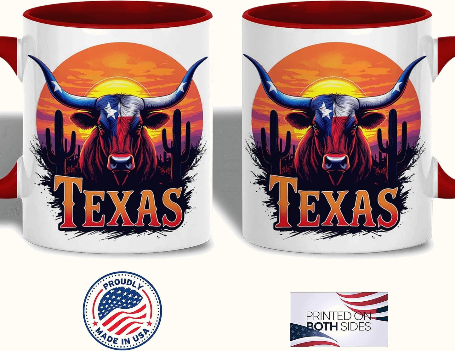Texas Longhorn Mug, Sunset Cactus and State Flag Bull Art, Western Cowboy Ceramic Cup