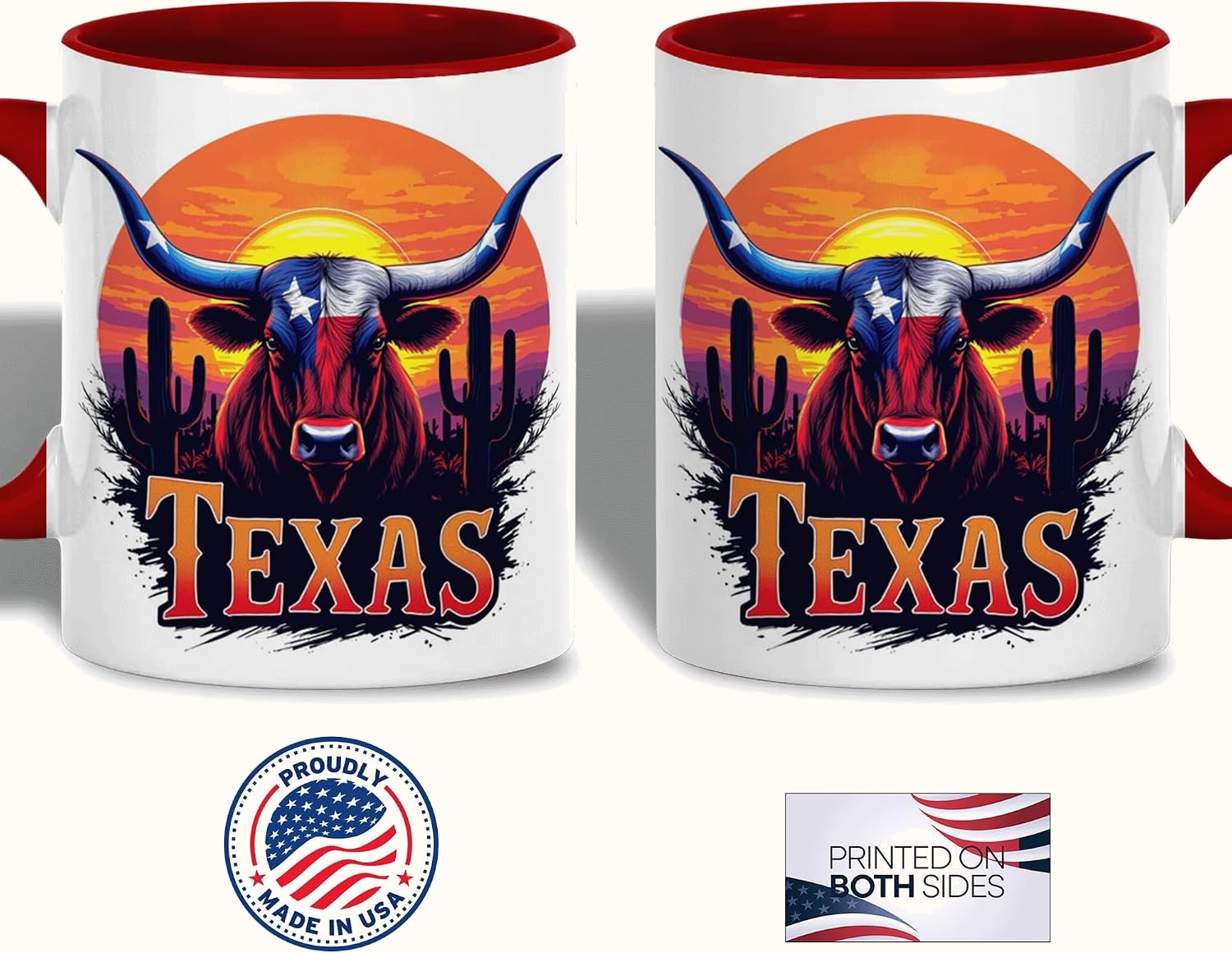 Texas Longhorn Mug, Sunset Cactus and State Flag Bull Art, Western Cowboy Ceramic Cup