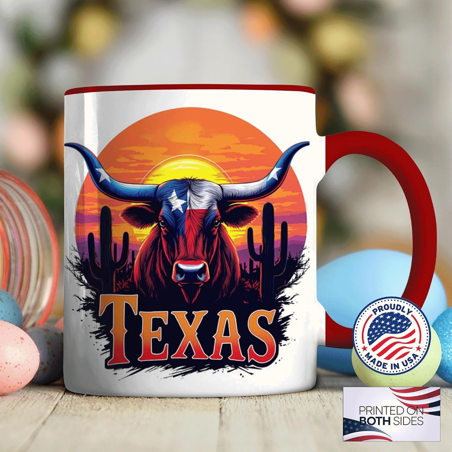 Texas Longhorn Mug, Sunset Cactus and State Flag Bull Art, Western Cowboy Ceramic Cup