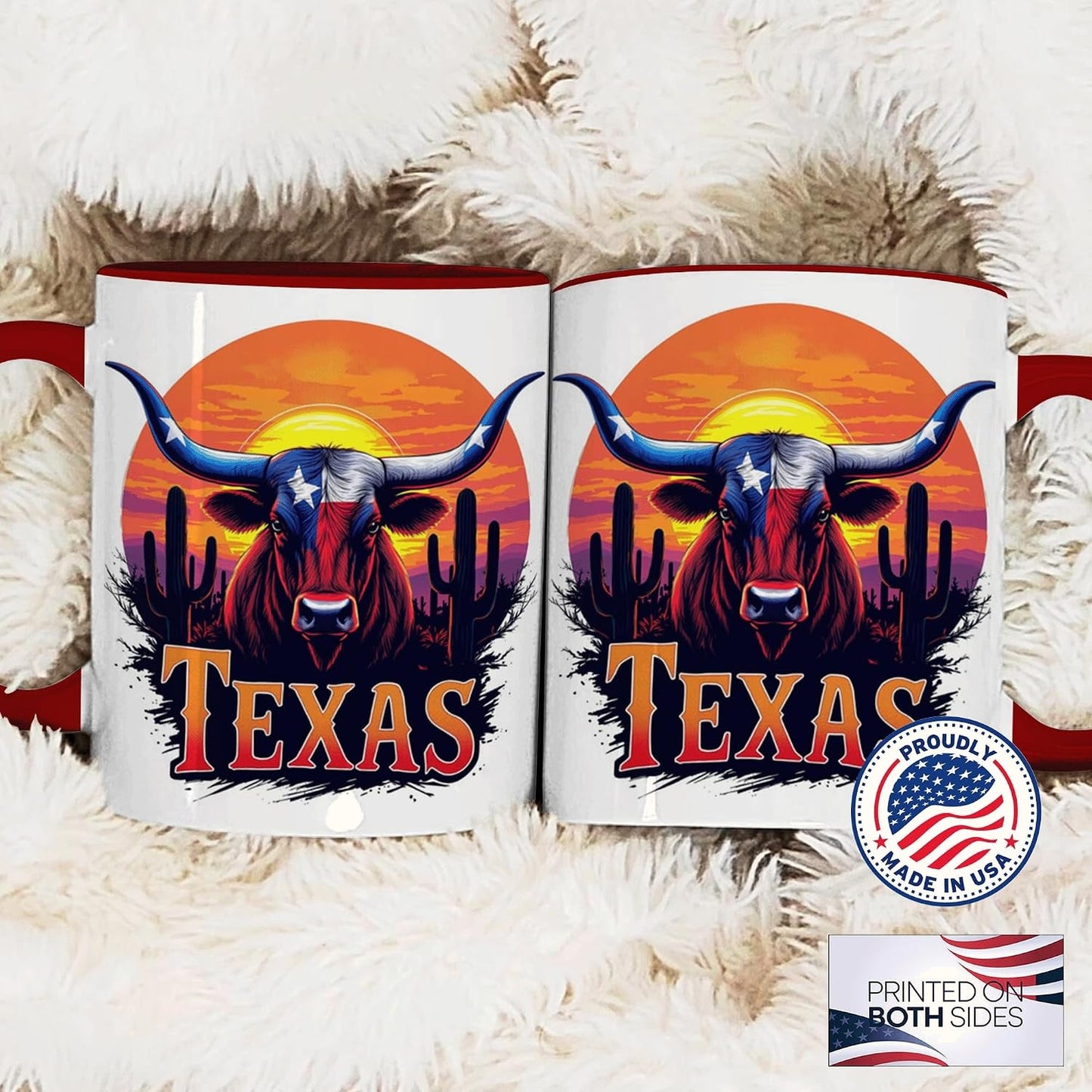 Texas Longhorn Mug, Sunset Cactus and State Flag Bull Art, Western Cowboy Ceramic Cup