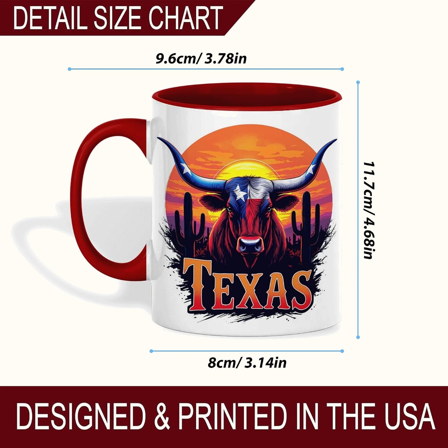 Texas Longhorn Mug, Sunset Cactus and State Flag Bull Art, Western Cowboy Ceramic Cup