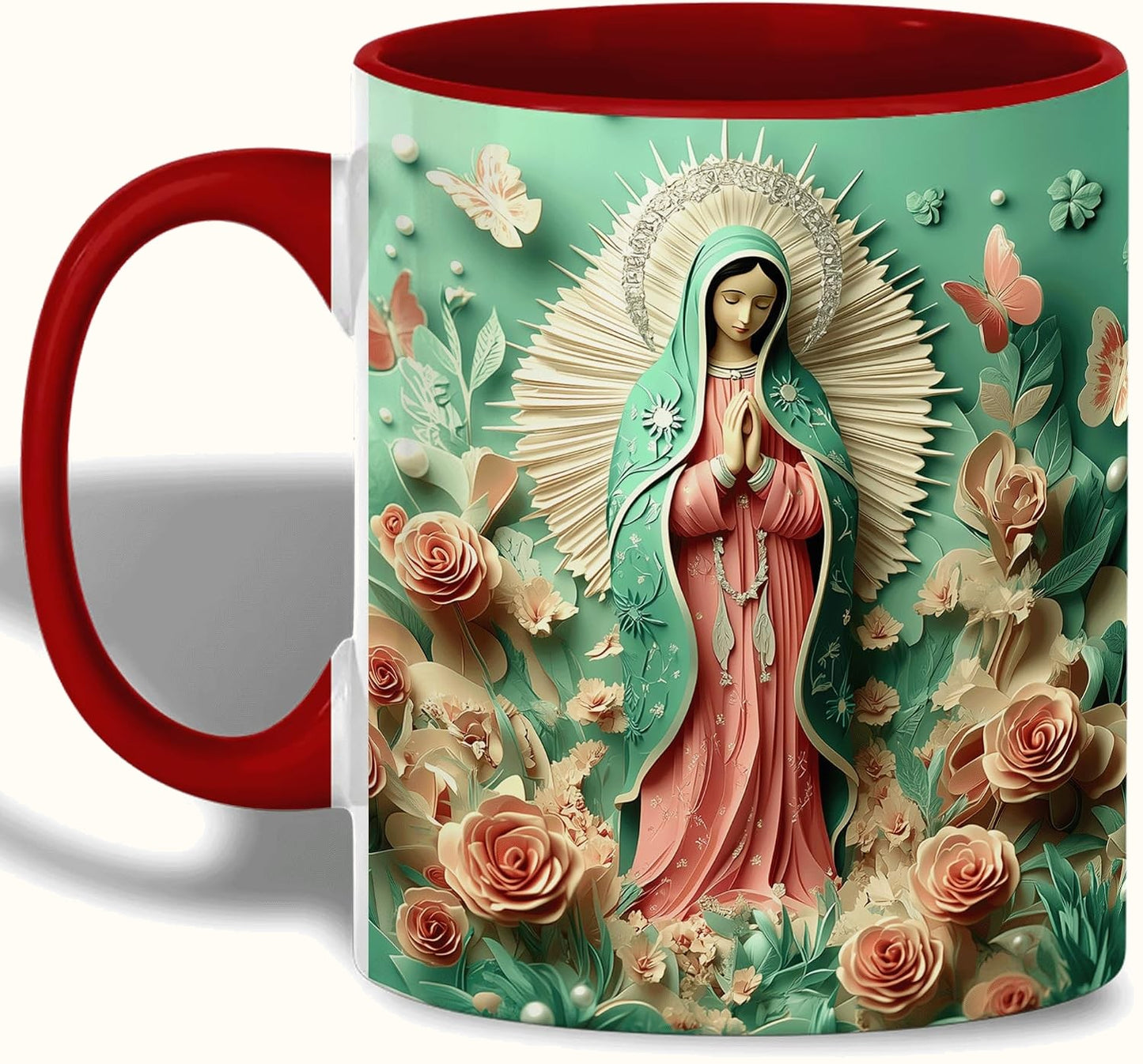 Our Lady of Guadalupe Mug, Floral Paper Art with Radiant Halo, Virgin Mary Ceramic Cup
