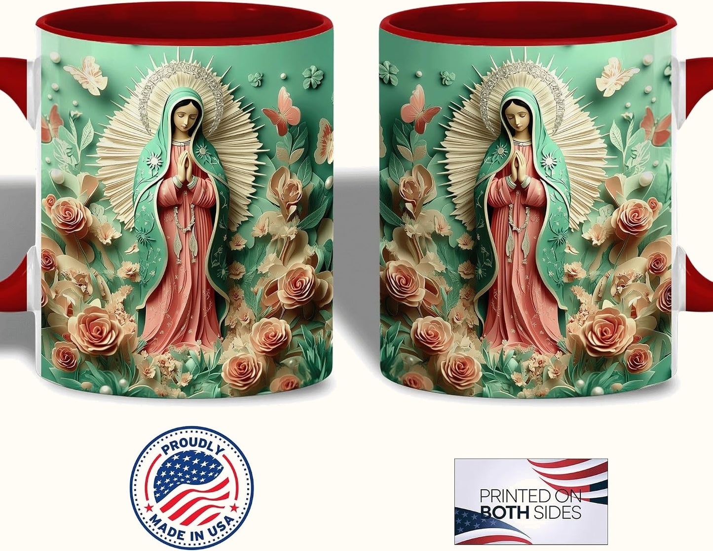 Our Lady of Guadalupe Mug, Floral Paper Art with Radiant Halo, Virgin Mary Ceramic Cup
