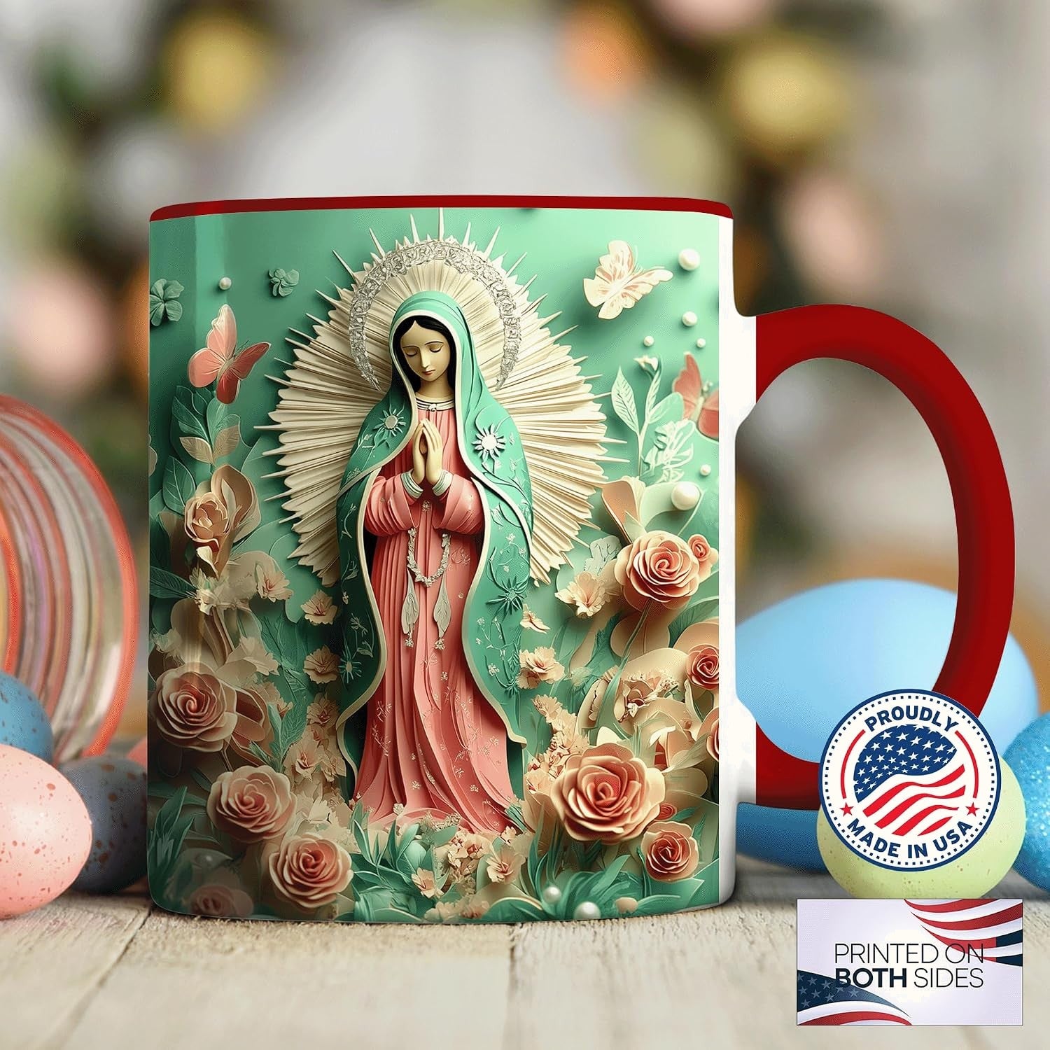 Our Lady of Guadalupe Mug, Floral Paper Art with Radiant Halo, Virgin Mary Ceramic Cup