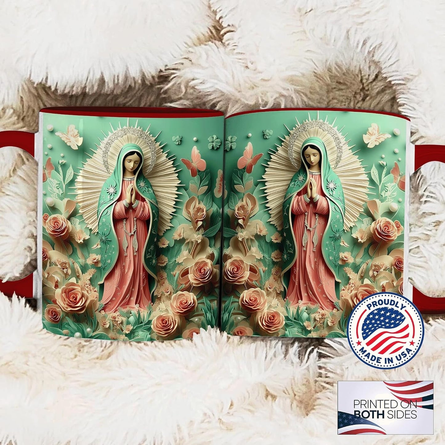 Our Lady of Guadalupe Mug, Floral Paper Art with Radiant Halo, Virgin Mary Ceramic Cup