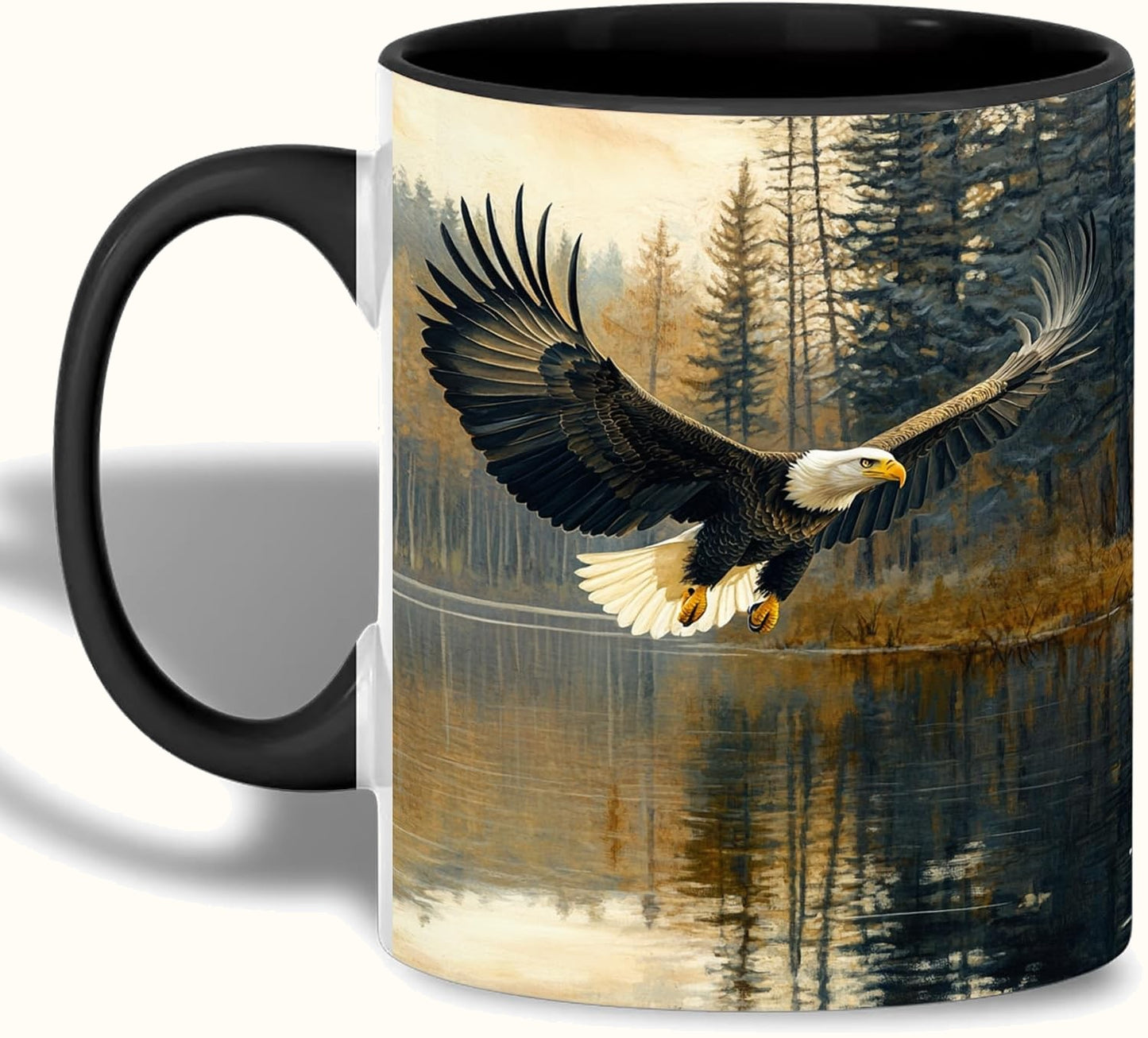 Bald Eagle Ceramic Mug, Eagle Over Lake and Forest Scene, Wildlife Coffee Cup