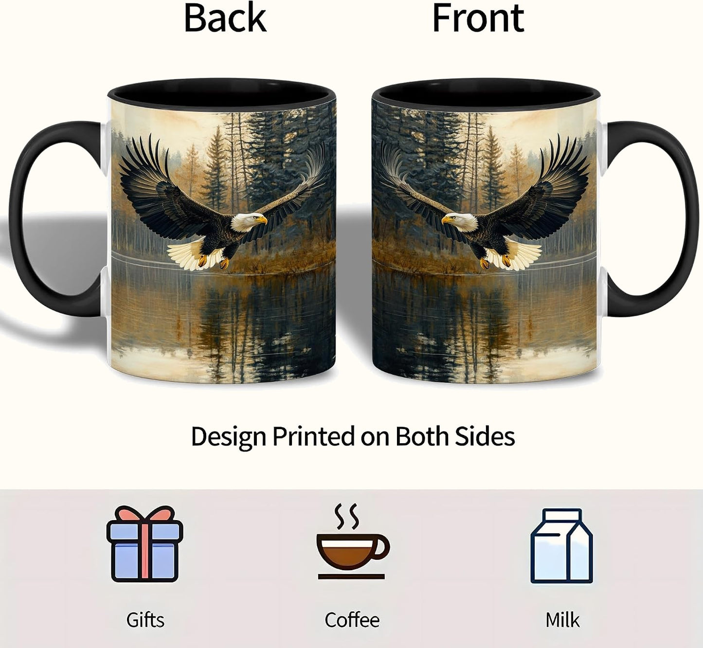 Bald Eagle Ceramic Mug, Eagle Over Lake and Forest Scene, Wildlife Coffee Cup
