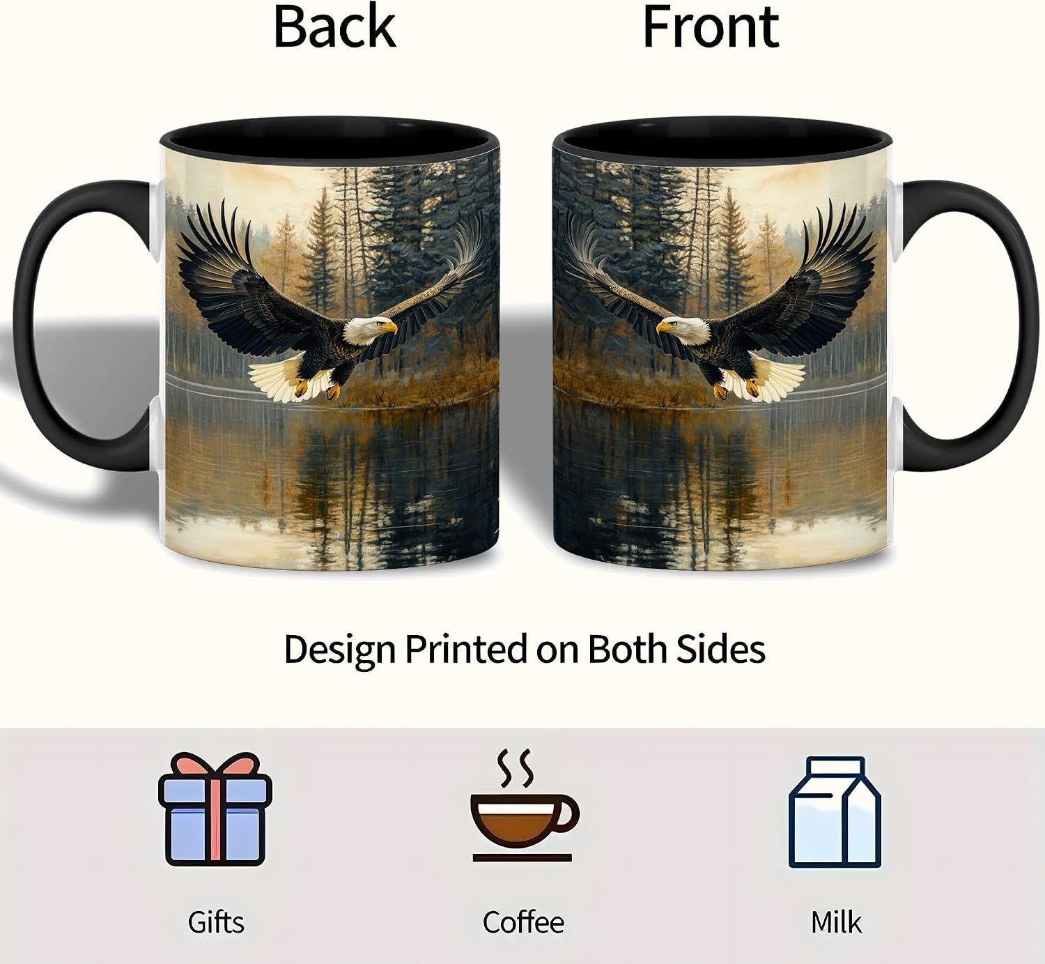 Bald Eagle Ceramic Mug, Eagle Over Lake and Forest Scene, Wildlife Coffee Cup
