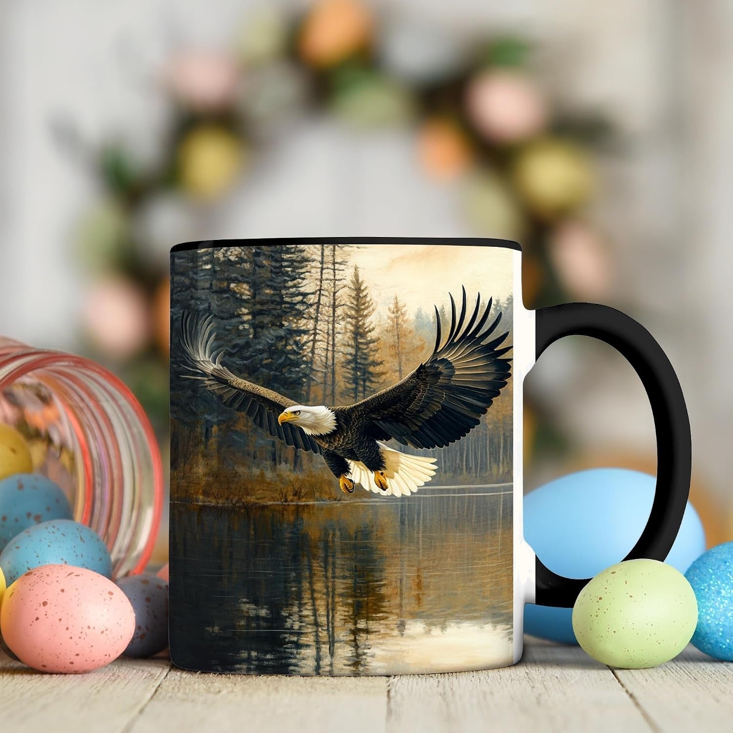Bald Eagle Ceramic Mug, Eagle Over Lake and Forest Scene, Wildlife Coffee Cup