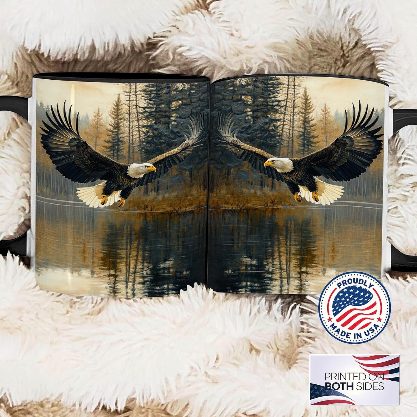 Bald Eagle Ceramic Mug, Eagle Over Lake and Forest Scene, Wildlife Coffee Cup