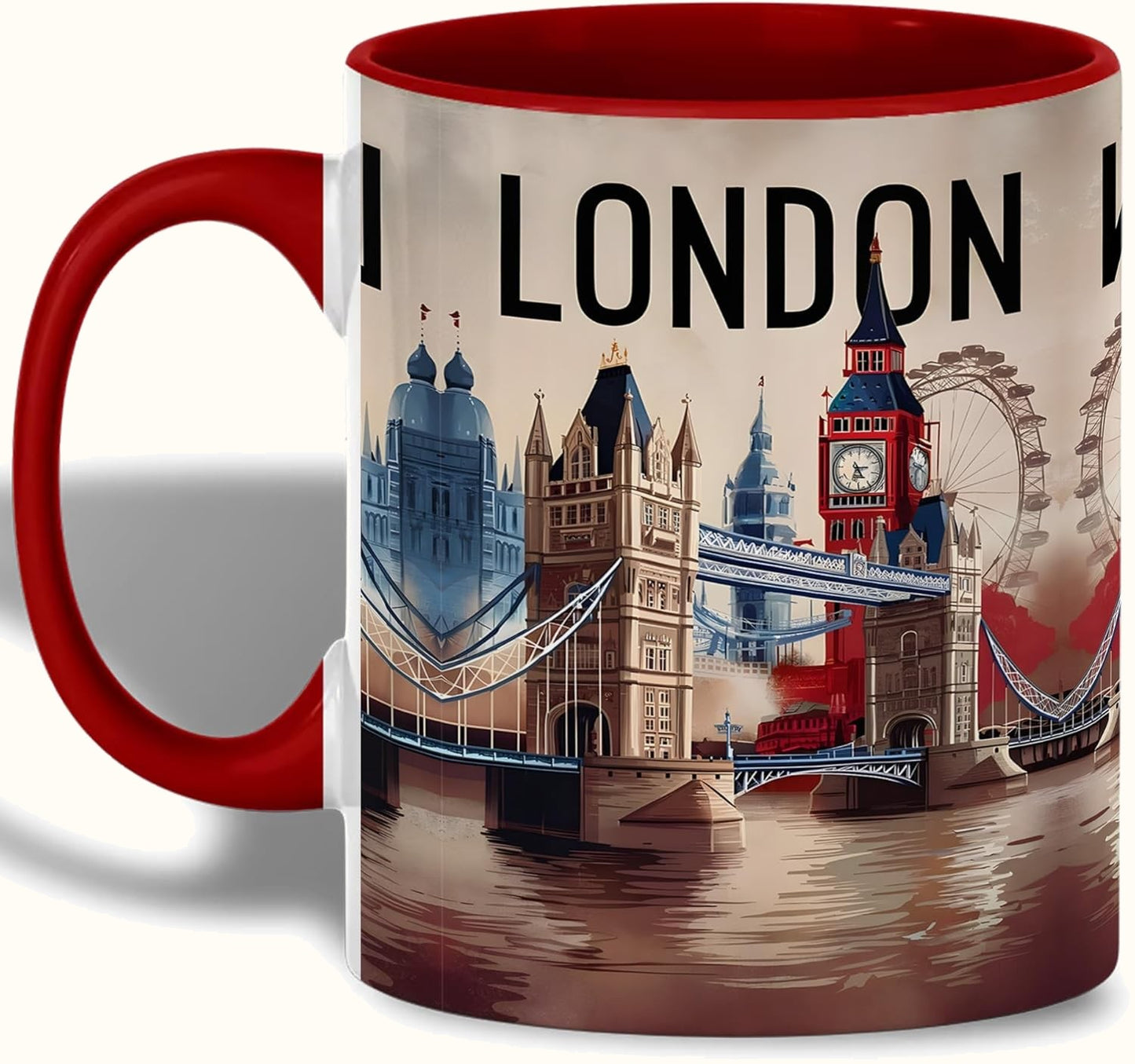 London Landmark Mug, Big Ben Tower Bridge and London Eye Illustration, British Ceramic Cup