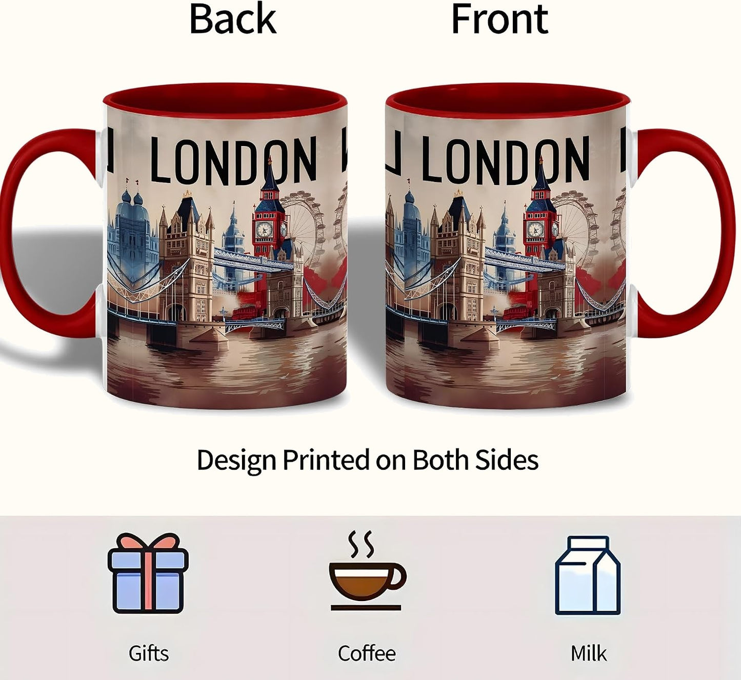 London Landmark Mug, Big Ben Tower Bridge and London Eye Illustration, British Ceramic Cup