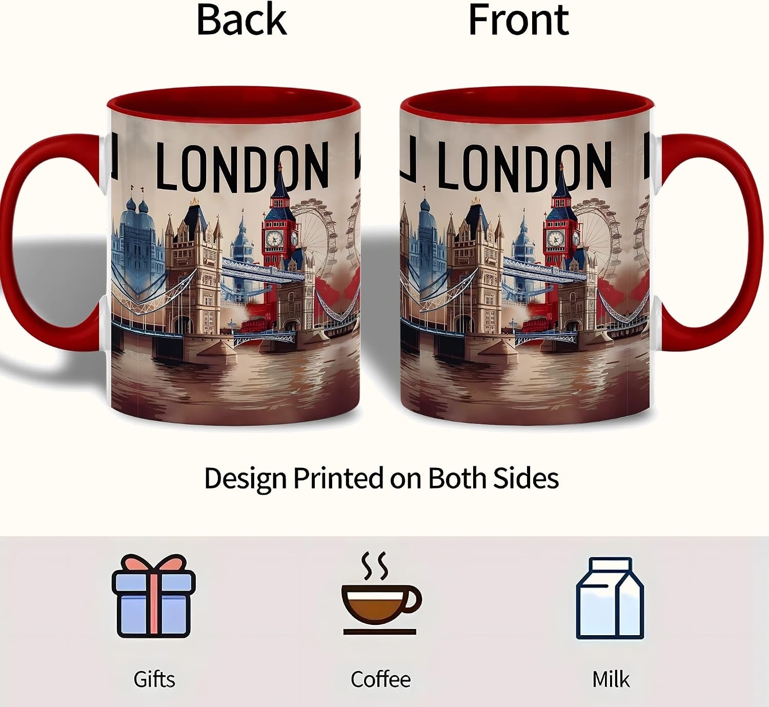 London Landmark Mug, Big Ben Tower Bridge and London Eye Illustration, British Ceramic Cup