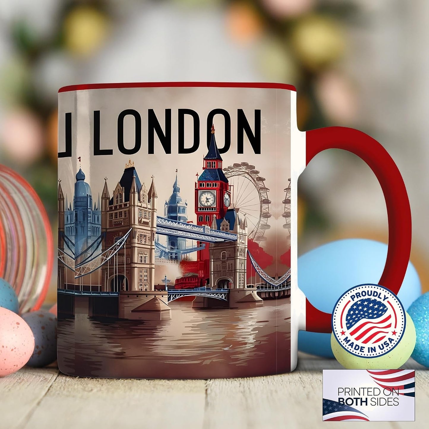 London Landmark Mug, Big Ben Tower Bridge and London Eye Illustration, British Ceramic Cup