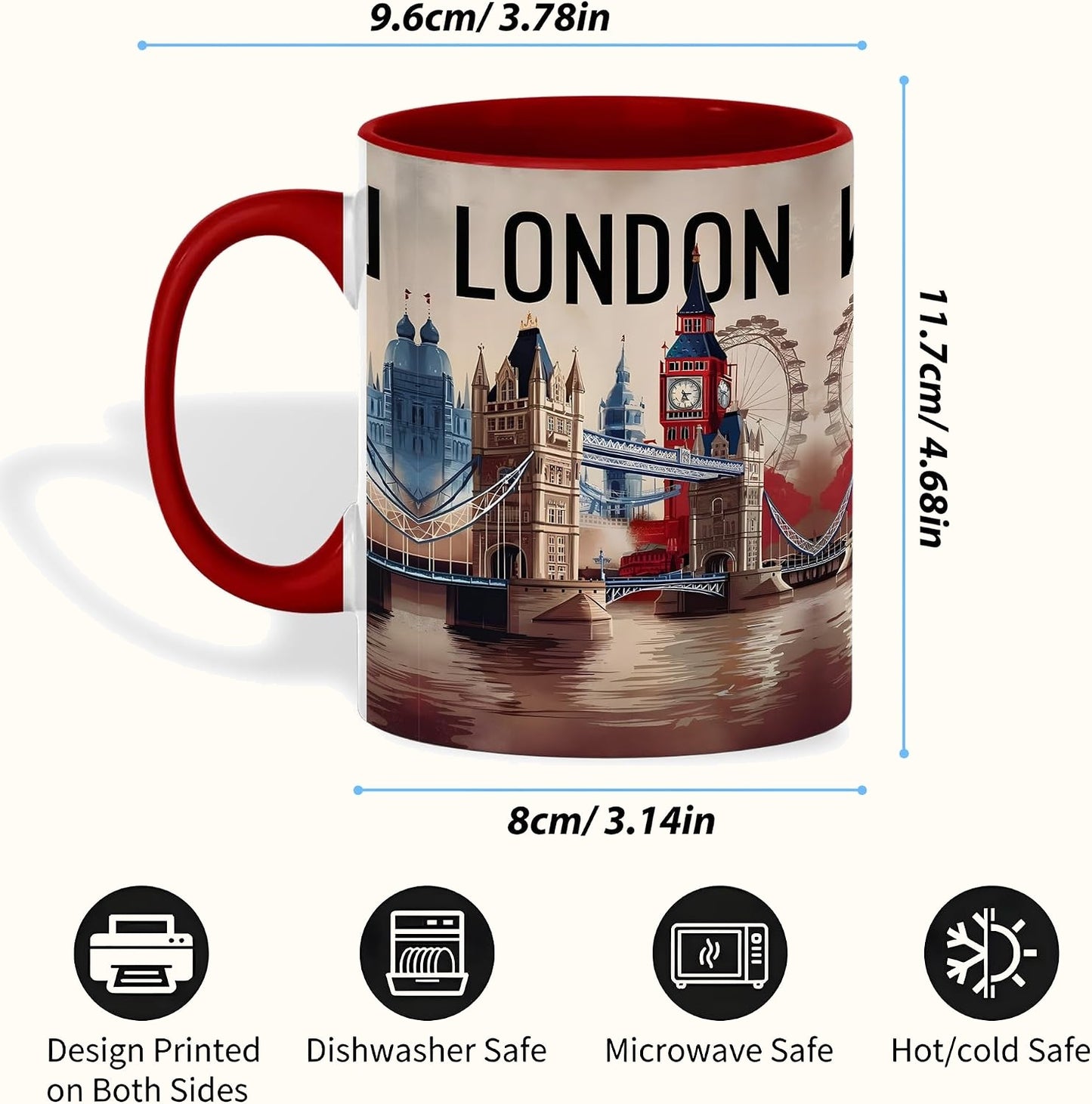 London Landmark Mug, Big Ben Tower Bridge and London Eye Illustration, British Ceramic Cup