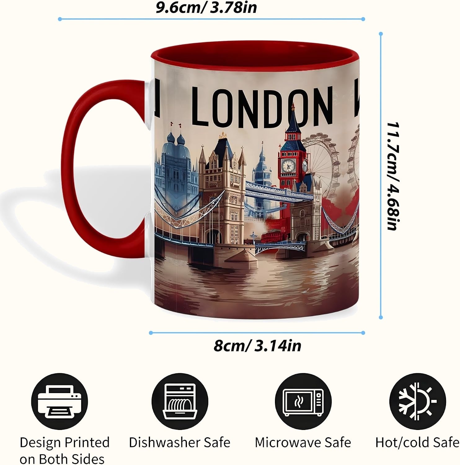 London Landmark Mug, Big Ben Tower Bridge and London Eye Illustration, British Ceramic Cup