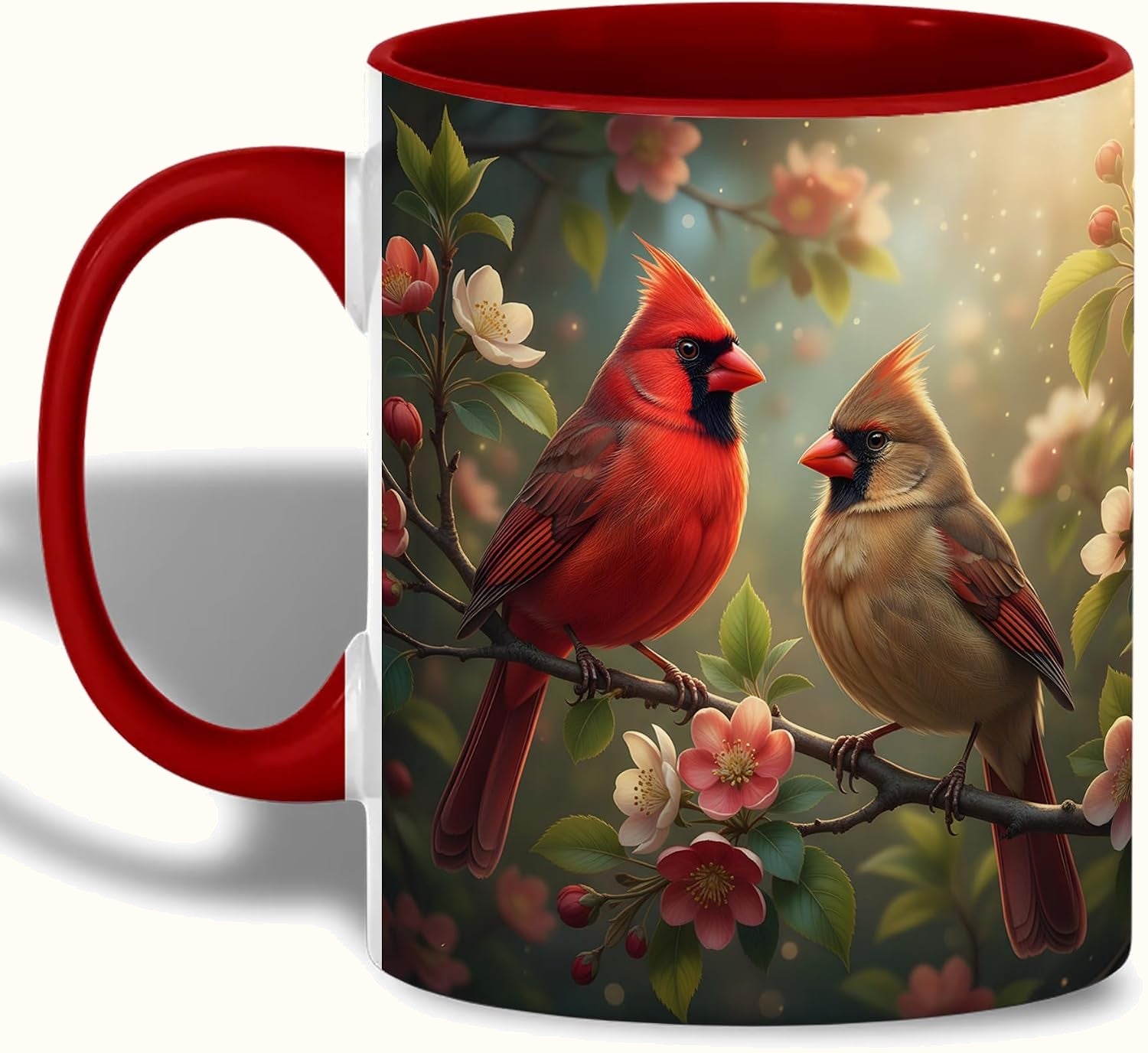 Cardinal Birds on Flower Branch Mug, Red and Brown Cardinal Pair, Spring Garden Ceramic Cup with Red Handle
