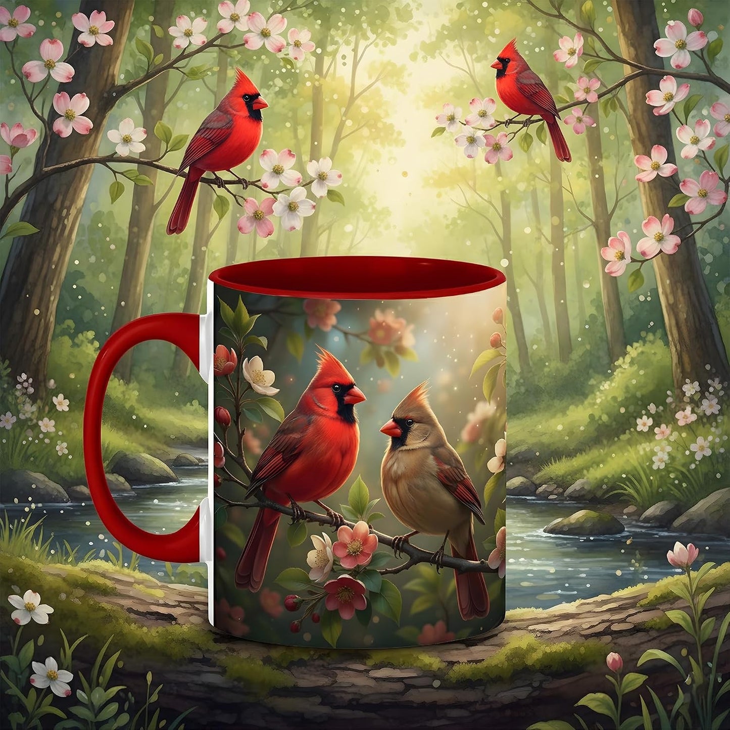 Cardinal Birds on Flower Branch Mug, Red and Brown Cardinal Pair, Spring Garden Ceramic Cup with Red Handle