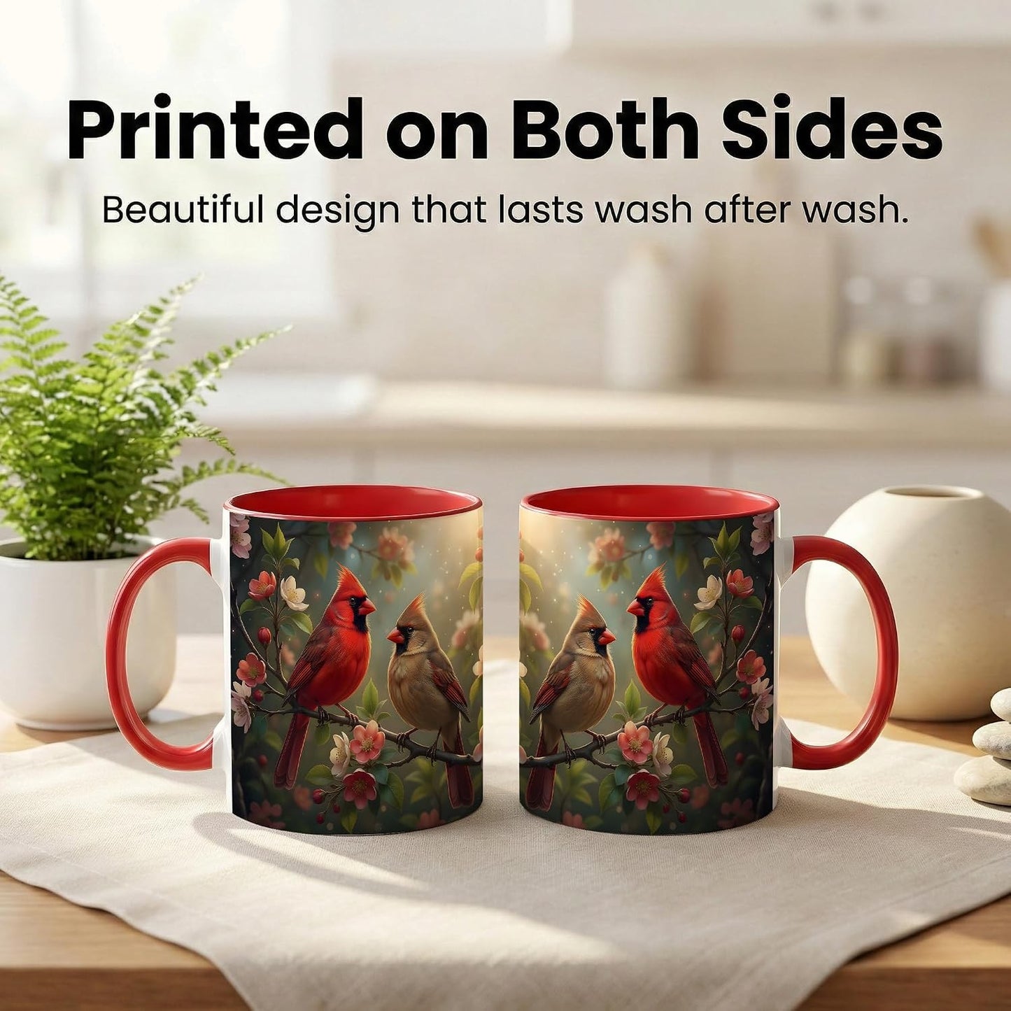 Cardinal Birds on Flower Branch Mug, Red and Brown Cardinal Pair, Spring Garden Ceramic Cup with Red Handle