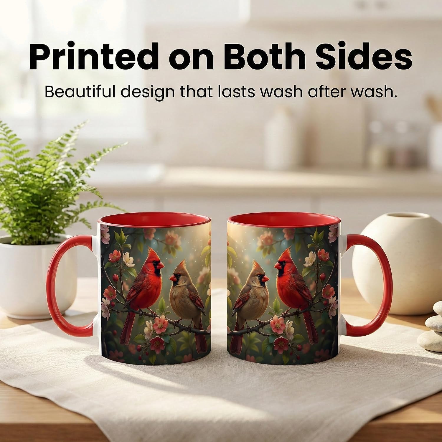 Cardinal Birds on Flower Branch Mug, Red and Brown Cardinal Pair, Spring Garden Ceramic Cup with Red Handle