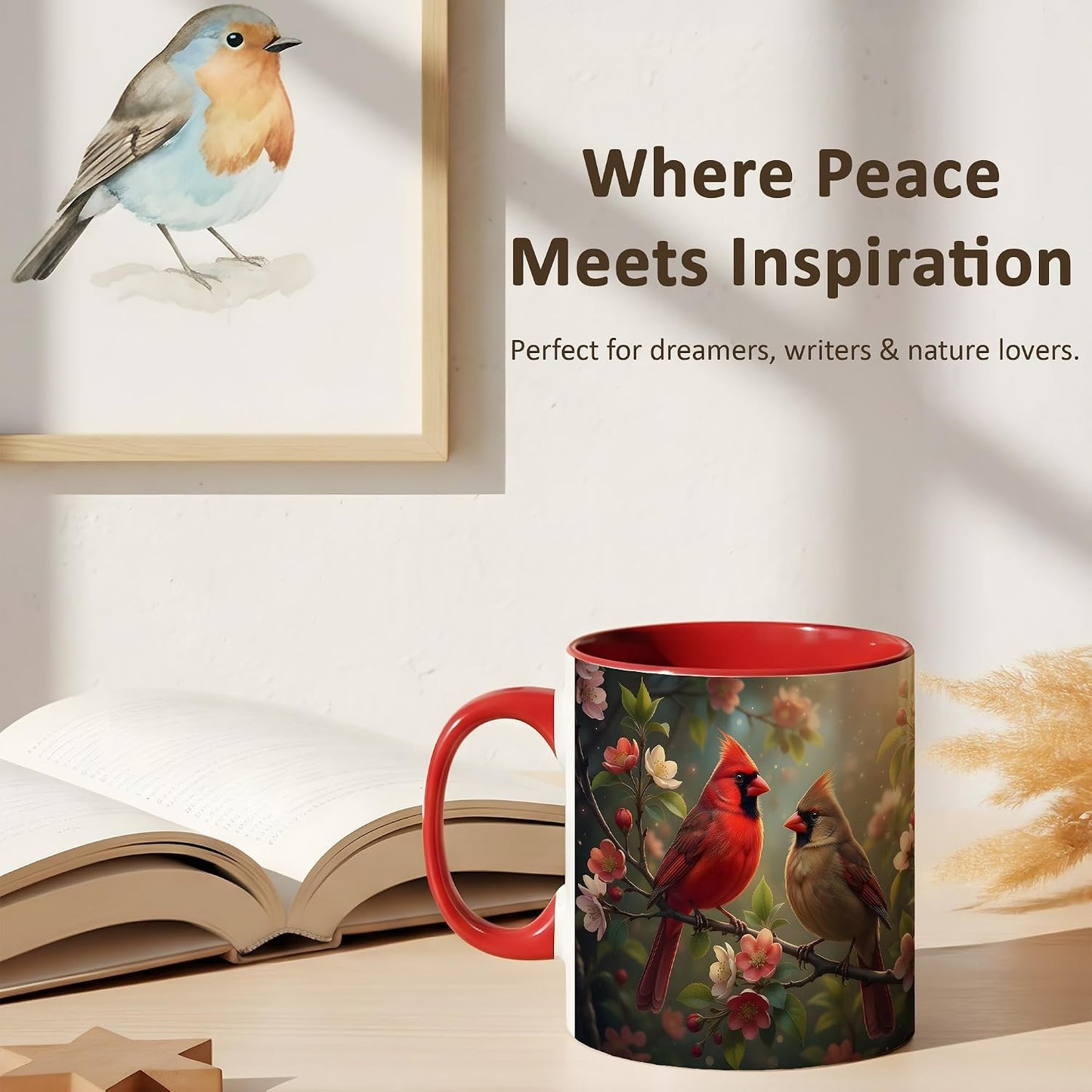 Cardinal Birds on Flower Branch Mug, Red and Brown Cardinal Pair, Spring Garden Ceramic Cup with Red Handle