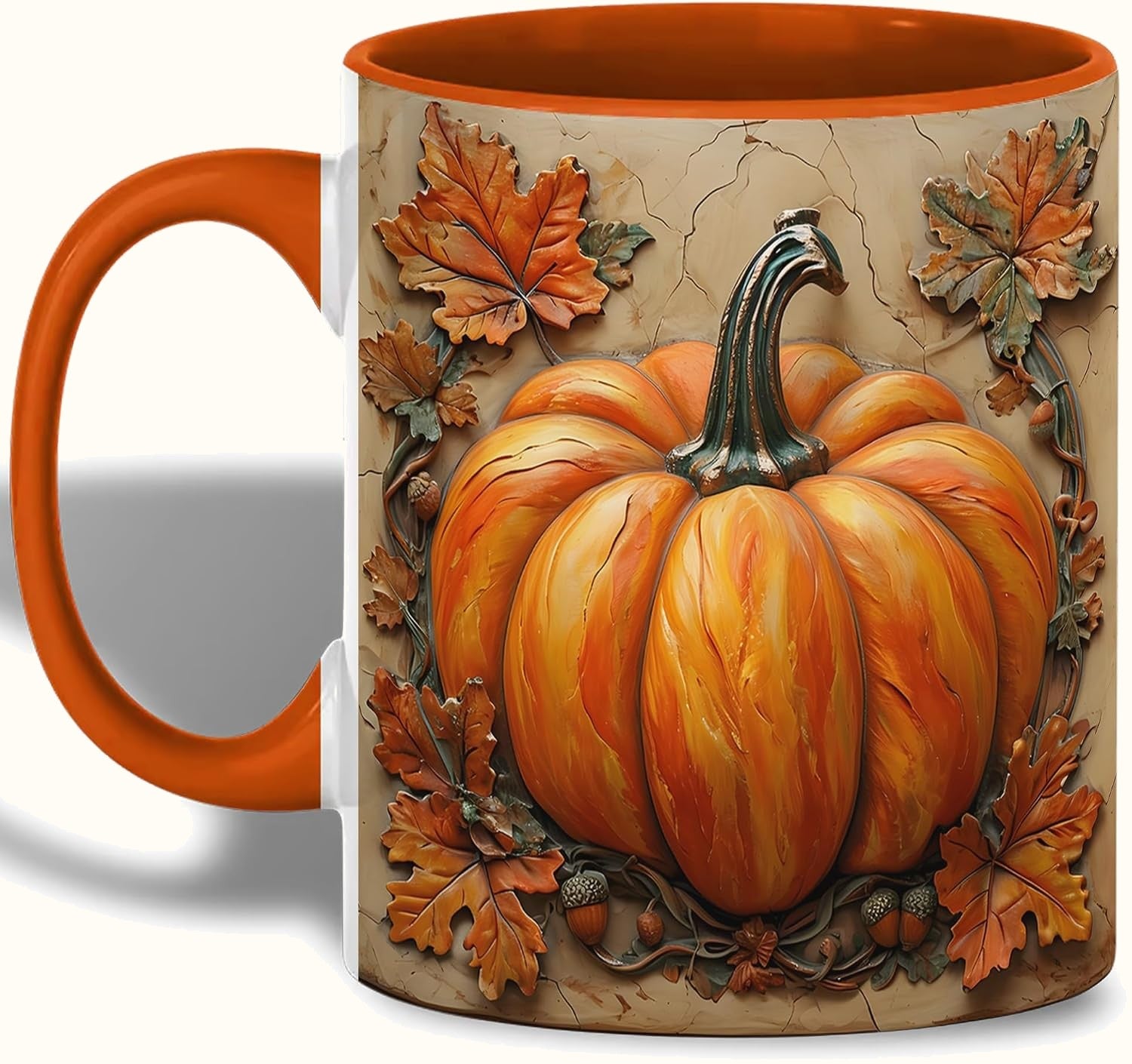 Rustic Pumpkin Coffee Mug, Autumn Leaves and Acorns Fall Harvest Design, Farmhouse Style Ceramic Cup