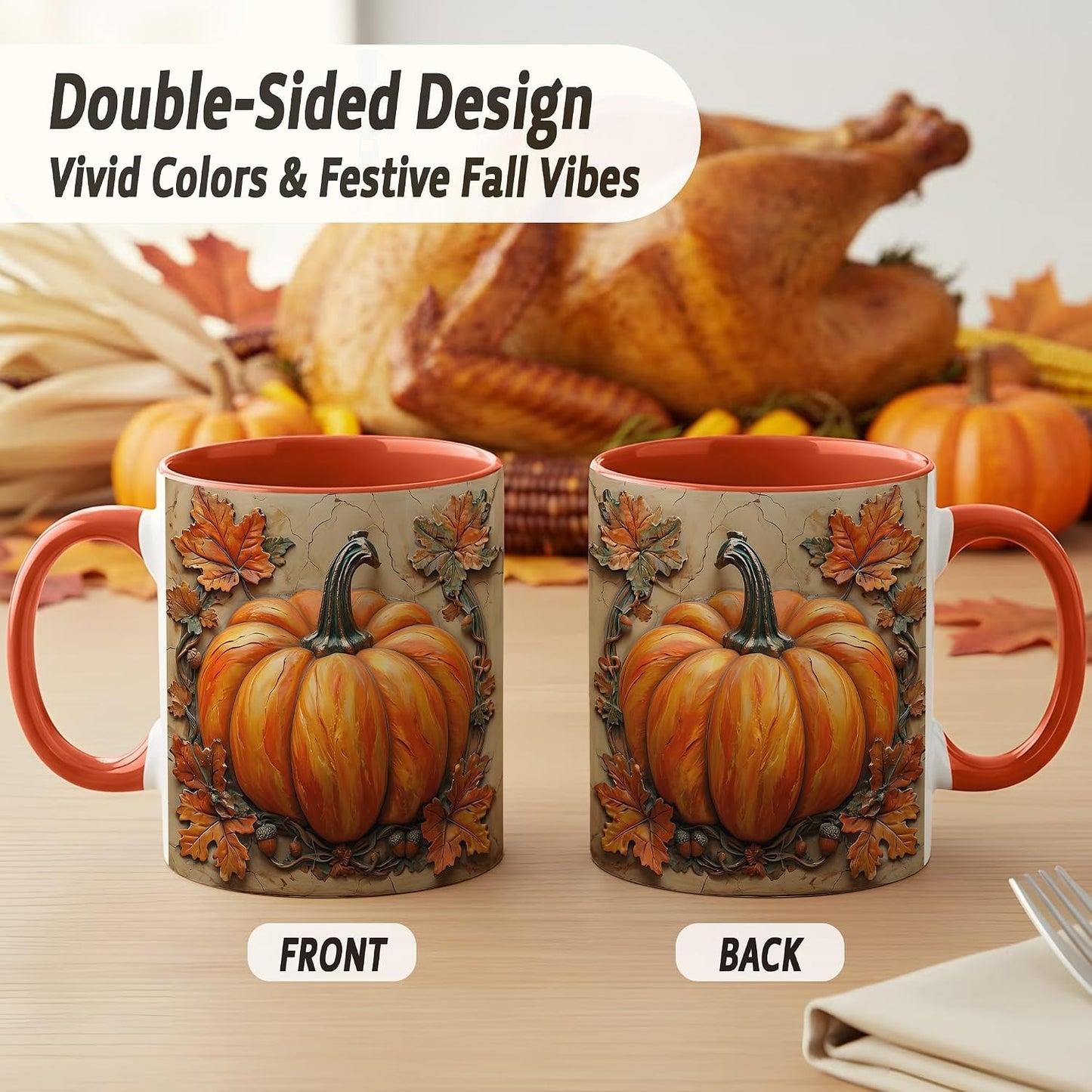 Rustic Pumpkin Coffee Mug, Autumn Leaves and Acorns Fall Harvest Design, Farmhouse Style Ceramic Cup