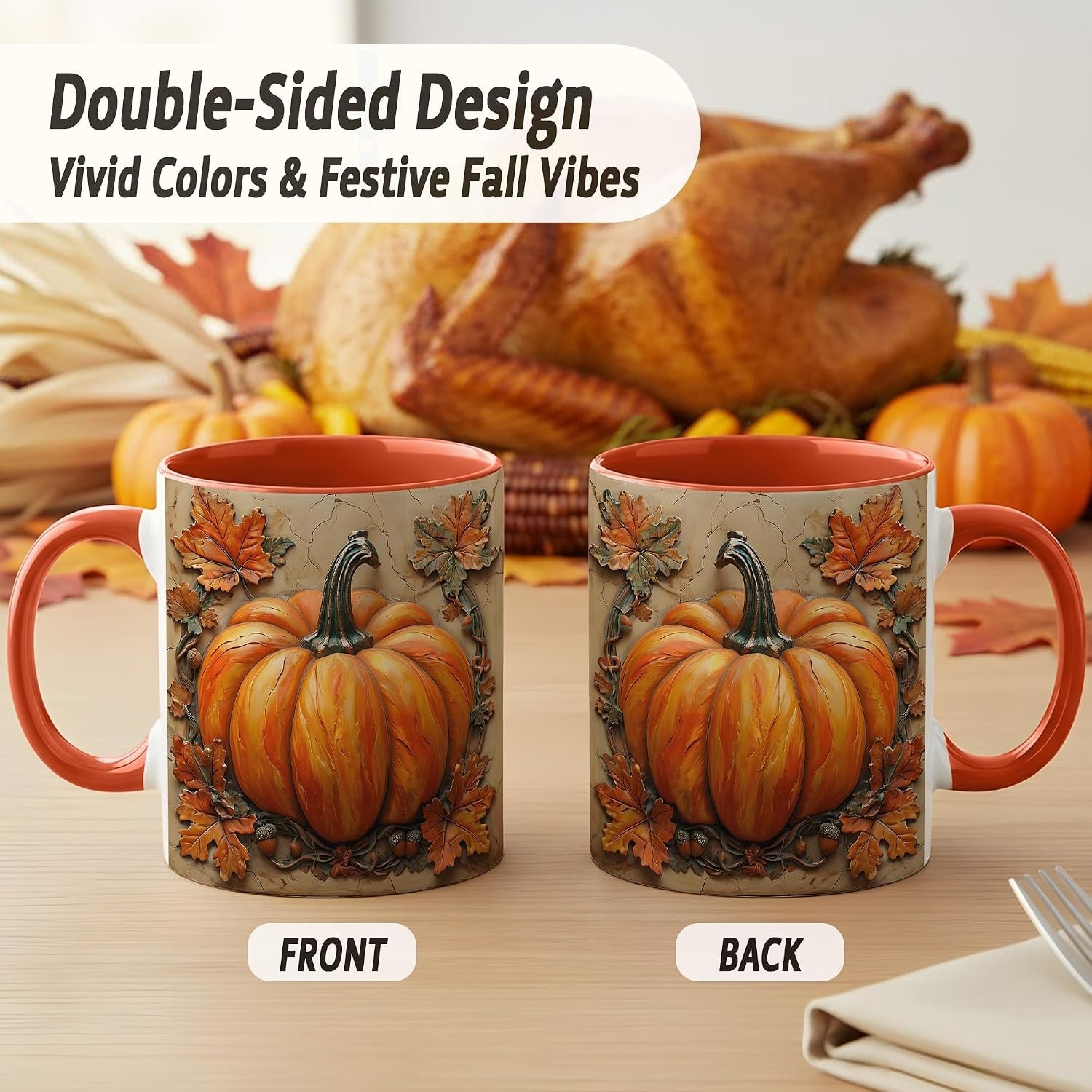 Rustic Pumpkin Coffee Mug, Autumn Leaves and Acorns Fall Harvest Design, Farmhouse Style Ceramic Cup
