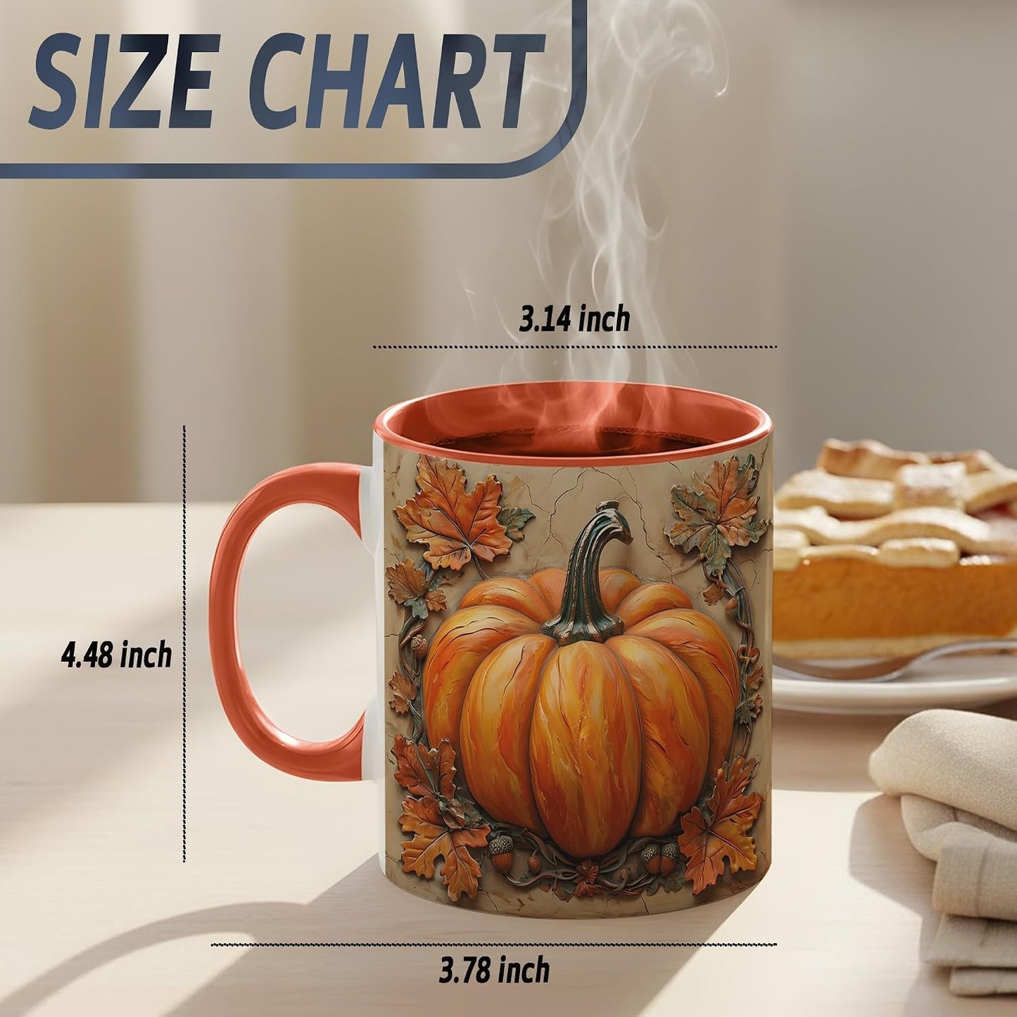 Rustic Pumpkin Coffee Mug, Autumn Leaves and Acorns Fall Harvest Design, Farmhouse Style Ceramic Cup