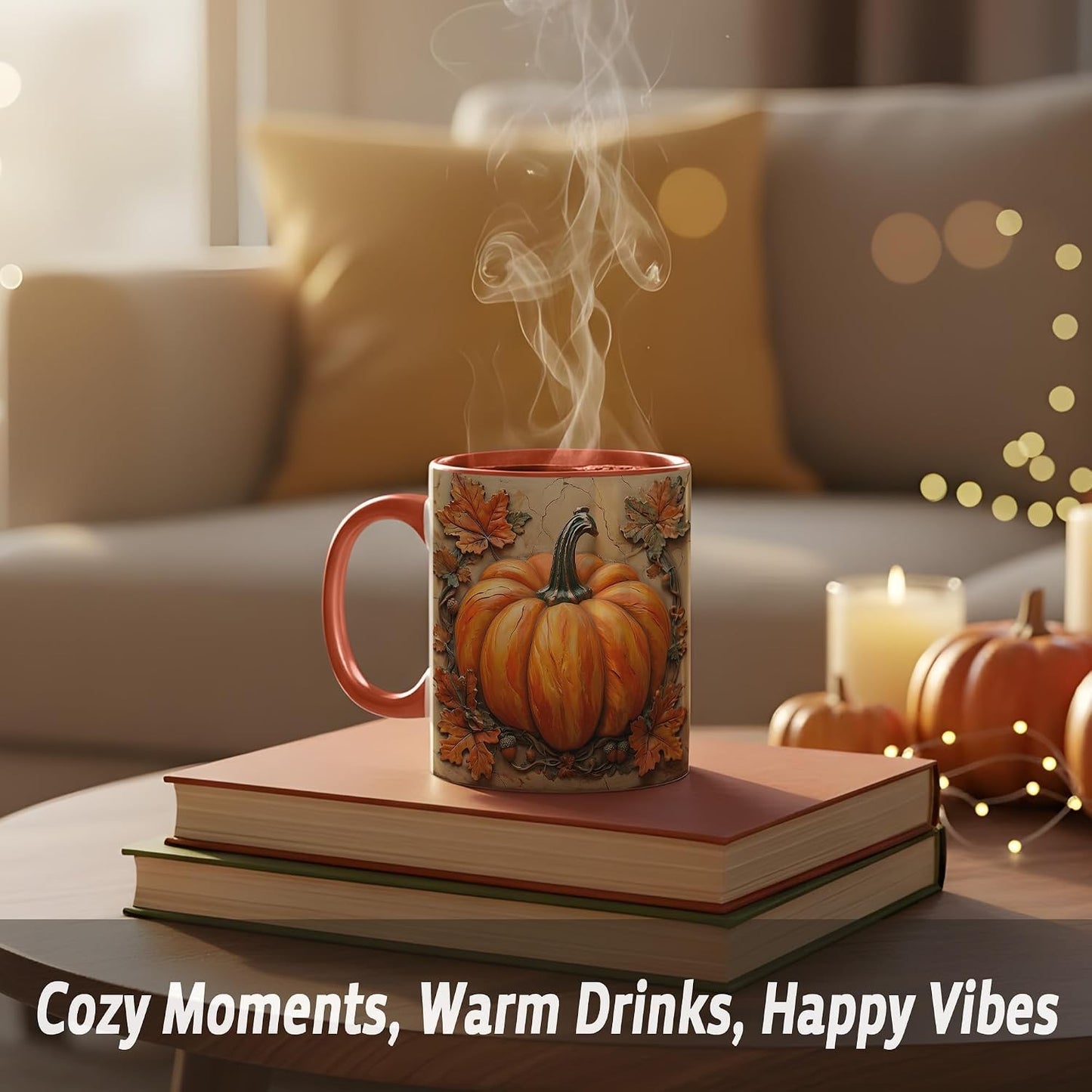 Rustic Pumpkin Coffee Mug, Autumn Leaves and Acorns Fall Harvest Design, Farmhouse Style Ceramic Cup