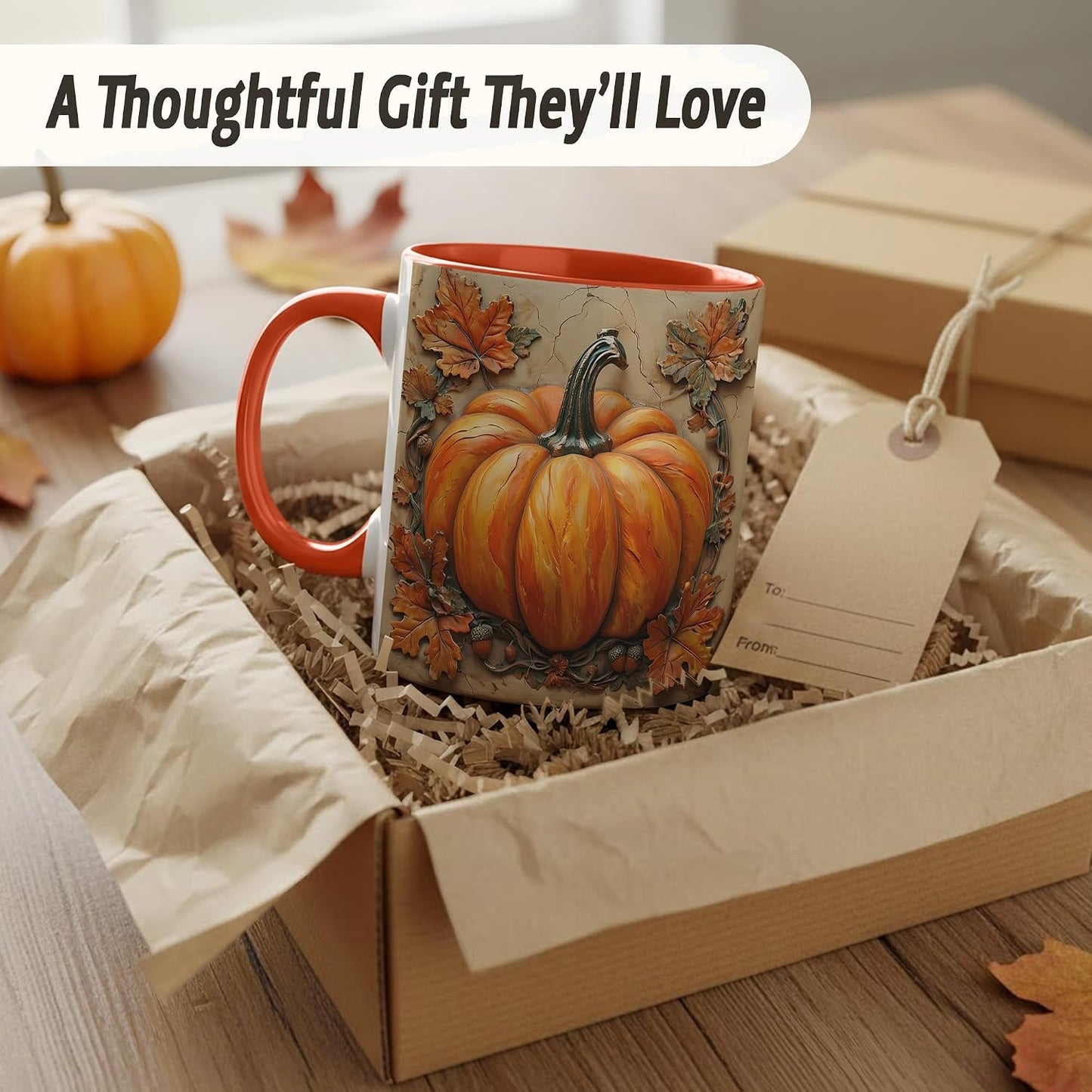 Rustic Pumpkin Coffee Mug, Autumn Leaves and Acorns Fall Harvest Design, Farmhouse Style Ceramic Cup