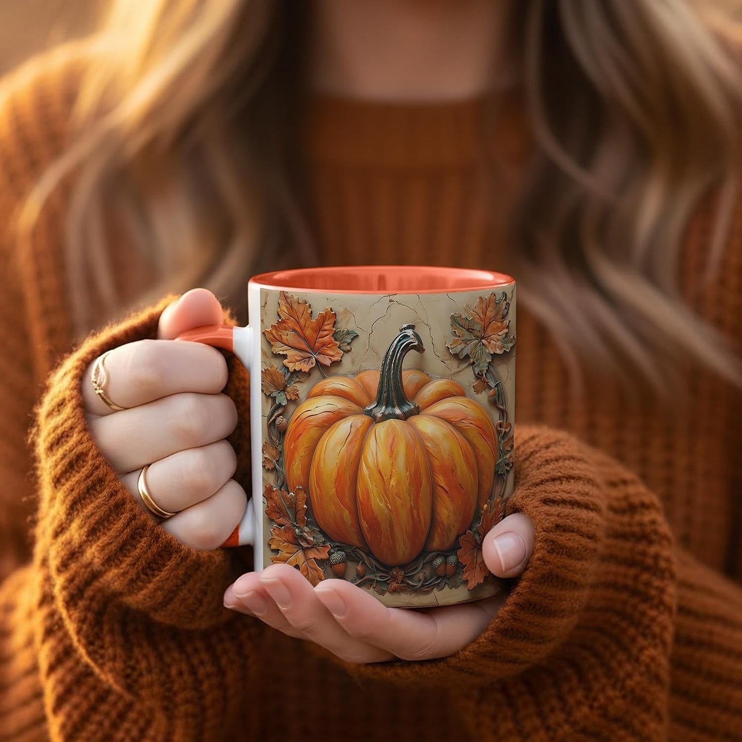 Rustic Pumpkin Coffee Mug, Autumn Leaves and Acorns Fall Harvest Design, Farmhouse Style Ceramic Cup