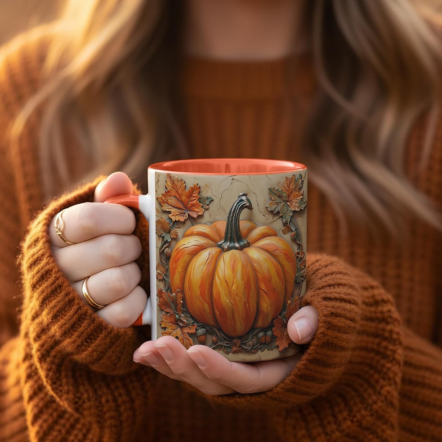 Rustic Pumpkin Coffee Mug, Autumn Leaves and Acorns Fall Harvest Design, Farmhouse Style Ceramic Cup