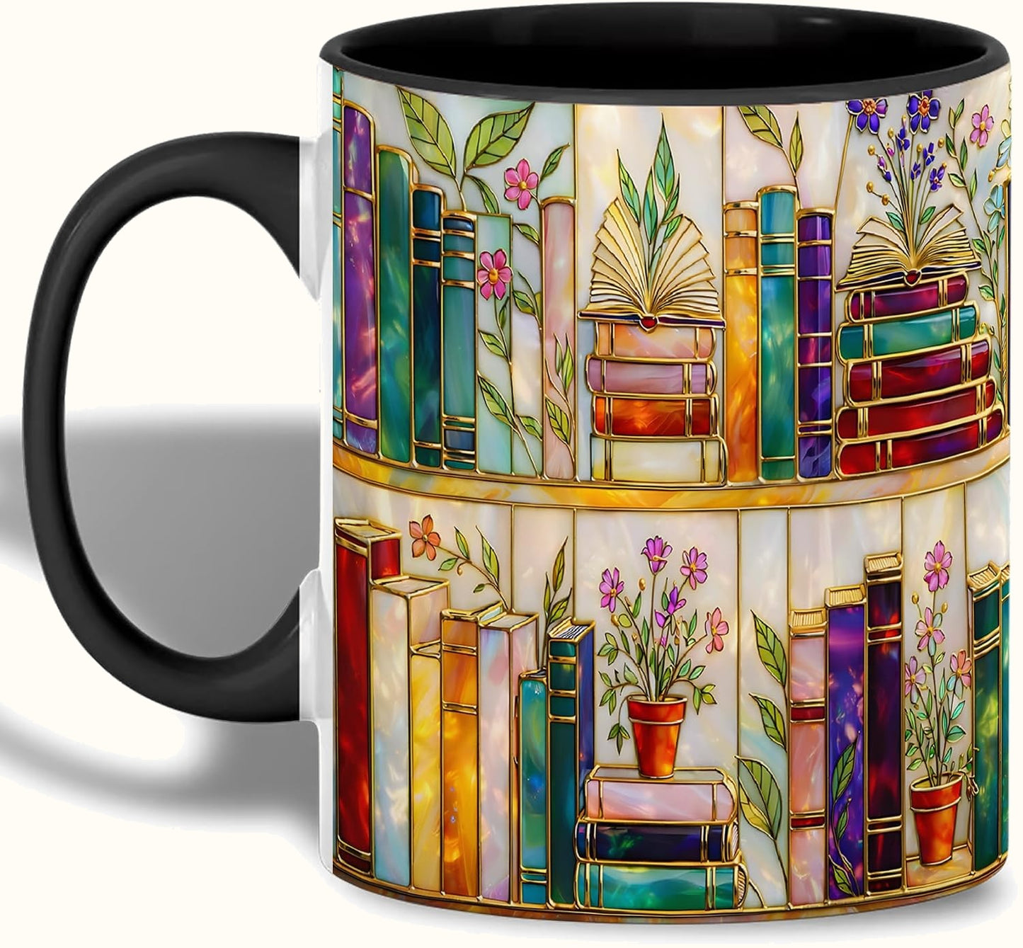 Stained Glass Bookshelf Mug, Jewel-Tone Book Lover Art, Ceramic Reading Cup