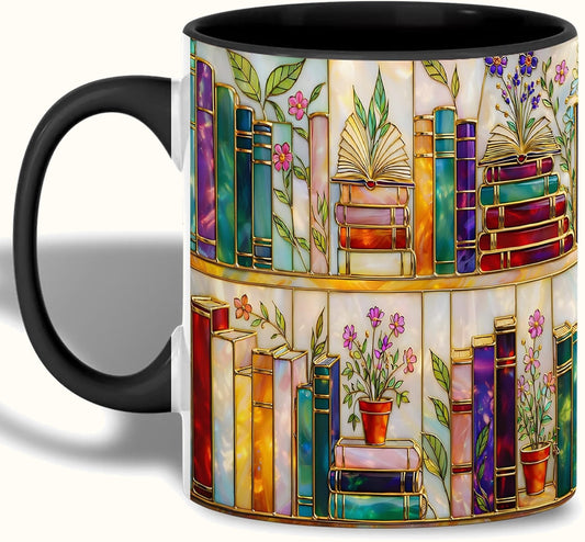 Stained Glass Bookshelf Mug, Jewel-Tone Book Lover Art, Ceramic Reading Cup