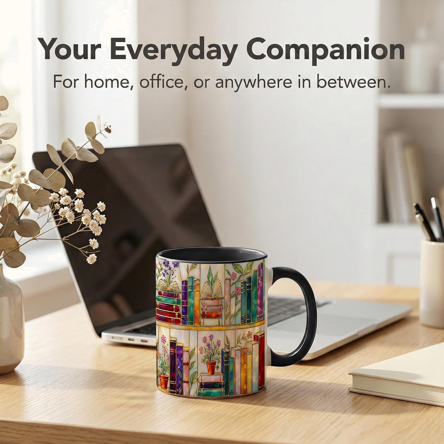 Stained Glass Bookshelf Mug, Jewel-Tone Book Lover Art, Ceramic Reading Cup