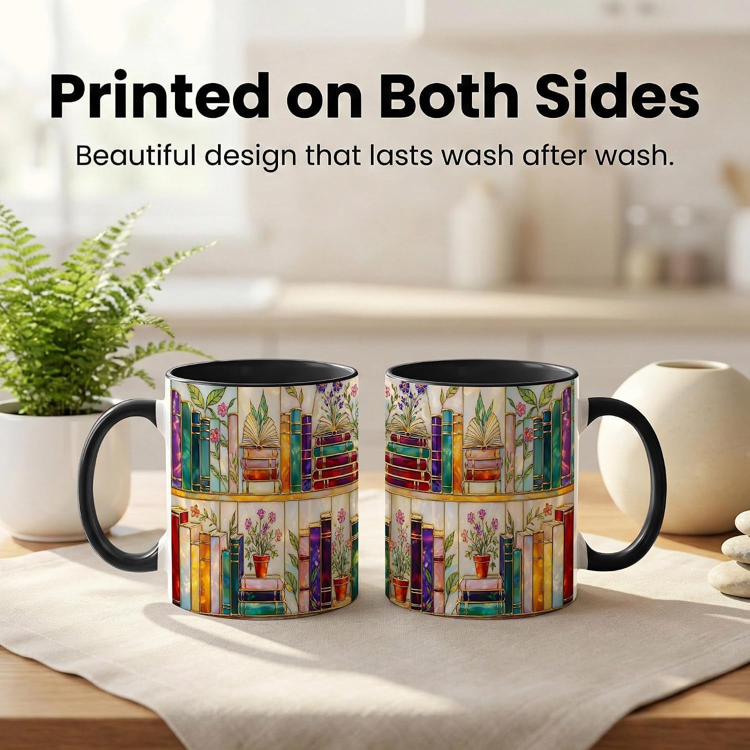 Stained Glass Bookshelf Mug, Jewel-Tone Book Lover Art, Ceramic Reading Cup