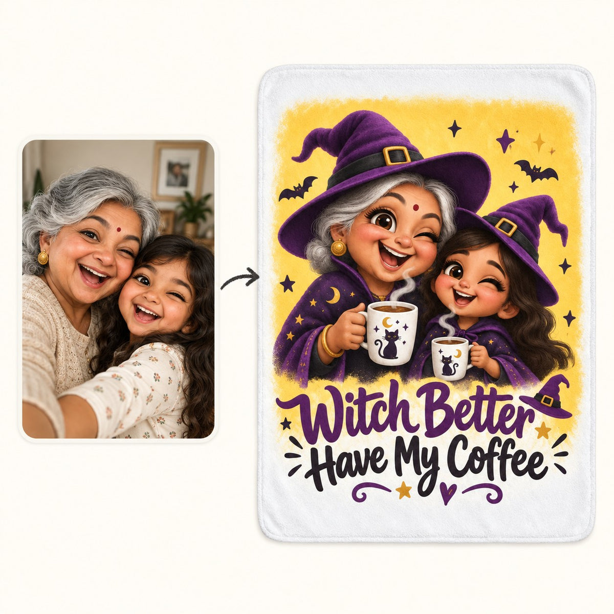 Custom Photo Caricature Portrait Plush Fleece Blanket - Funny Halloween Grandma Gift Personalized Blanket Gift — how it works