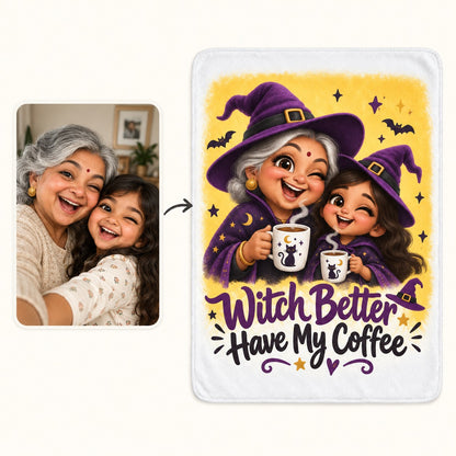 Custom Photo Caricature Portrait Plush Fleece Blanket - Funny Halloween Grandma Gift Personalized Blanket Gift — how it works